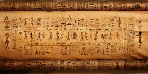 Fototapeta premium Papyrus scroll adorned with ancient symbols and illustrations