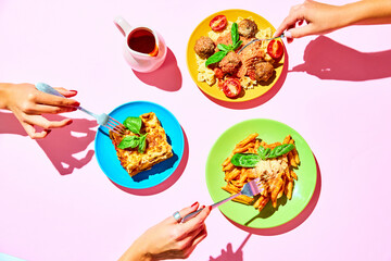 People holding forks over plates with different pasta dishes, lasagna,penne with Bolognese sauce and farfalle with meatballs. Concept of Italian food, cuisine, taste, menu. Pop art. Poster, ad