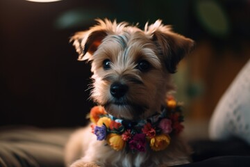 A puppy terrier wearing a festive accessory, colorful bowtie. Pet's Halloween party costume.