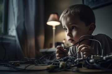 Сhildren's electrical safety, safety in handling household appliances. A little frightened boy playing with wires. Generative AI - obrazy, fototapety, plakaty