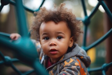 A Mixed-race toddler exploring surroundings, climbing on a playground structure, showcasing gross motor skills and physical development. Opportunities for active play and coordination. Generative AI