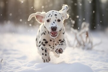 a cute happy-looking dalmatian puppy dog running through the snowy terrain in the countryside, looking into the camera, low-angle shot - Powered by Adobe