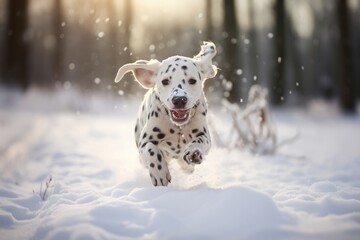 a cute happy-looking dalmatian puppy dog running through the snowy terrain in the countryside, looking into the camera, low-angle shot