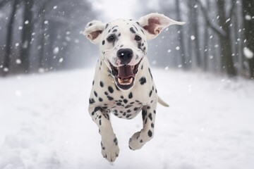 a cute happy-looking dalmatian puppy dog running through the snowy terrain in the countryside, looking into the camera, low-angle shot
