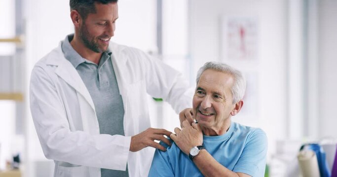 Physiotherapy, senior man and neck pain with doctor support, healthcare service and physical therapy in clinic office. Physiotherapist or chiropractor with patient for muscle, massage or consultation