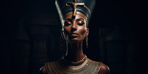 Queen Nefertiti's elegant bust statue against a dark backdrop
