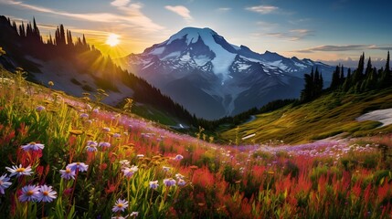 Beautiful panorama of alpine meadow with wildflowers at sunset - obrazy, fototapety, plakaty