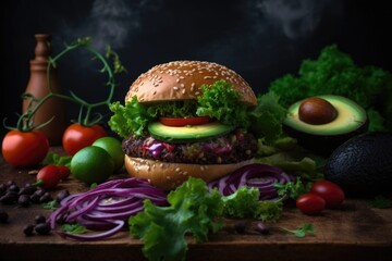 Black Bean Burger on Colorful backdrop, with Natural light, Colorful napkin, fresh vegetables, herbs, vibrant colors, playful and fun. Vegetarian food.