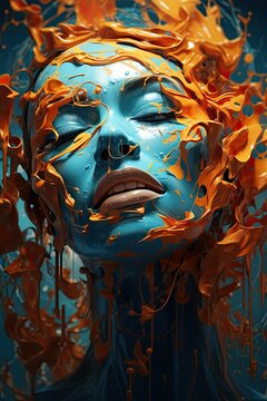 Blue woman's face with orange material dripping around her face, creative image