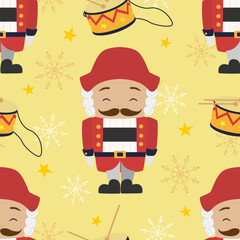 Vector seamless pattern with Nutcracker character in cartoon style. Nutcracker Christmas background