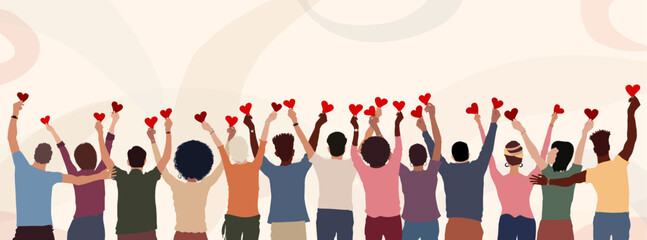 Group of diverse people seen from behind with hands raised holding a heart. Charitable donation and volunteer work. Community.NGO.Aid.Non profit.Support and assistance. People diversity - obrazy, fototapety, plakaty