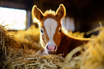 A newborn red and white foal lies in a haystack. - Powered by Adobe