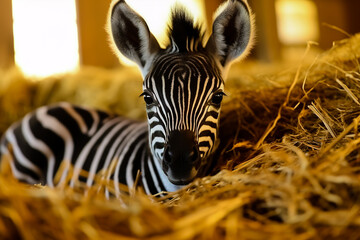 Fototapeta na wymiar A newborn zebra cub lying in a haystack.