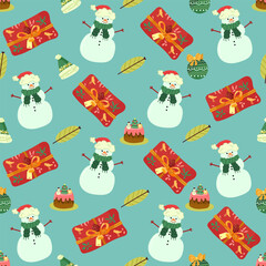 Naklejka premium Christmas and Happy New Year seamless pattern with Christmas toys, gifts and sweets. Trendy retro style. Vector design template.