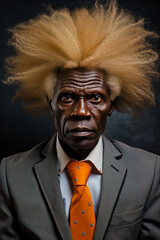 Elderly African-American man in business suit with funny hairstyle.