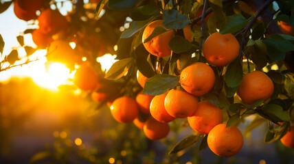 bunch of juicy oranges grow hanging from a tree branch in the morning