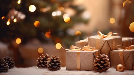 Christmas gifts with pine cones and branches with bokeh background. Christmas and New Year greetings
