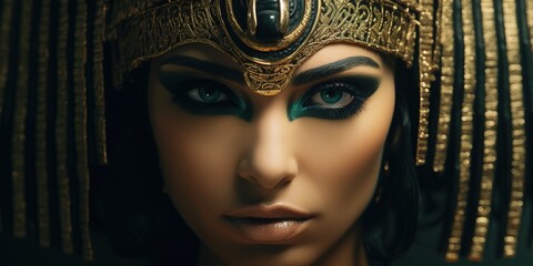 Seductive portrait of Queen Cleopatra VII, eyes lined with kohl and her signature cobra crown