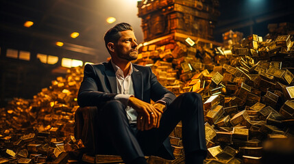 Homme d'affaires assis sur un tas d'or et réfléchissant à l'avenir
