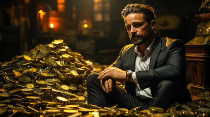 Homme d'affaires assis sur un tas d'or et réfléchissant à l'avenir