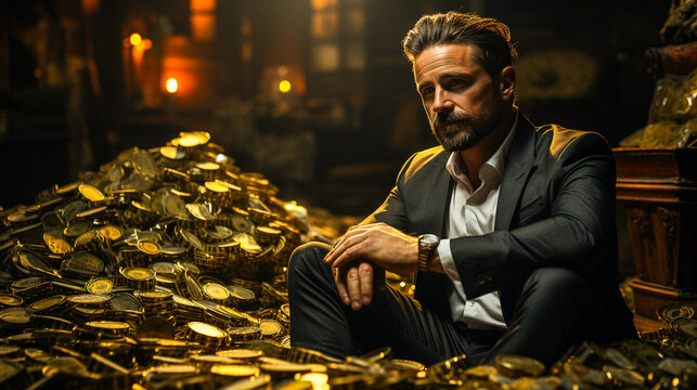 Homme d'affaires assis sur un tas d'or et r&eacute;fl&eacute;chissant &agrave; l'avenir