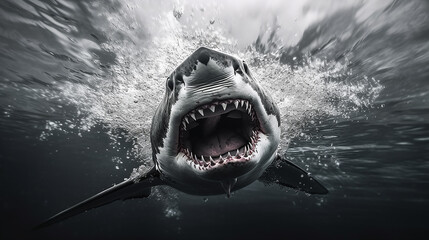 white shark underwater jaws open predator attacks. Generative AI - obrazy, fototapety, plakaty