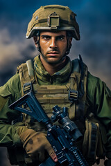 Israeli soldier in full ammunition posing for camera.