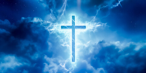 Christian cross appears bright in blue sky background with sunny light. Concept of Faith, God's...
