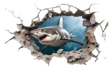shark swimming through a hole in the wall isolated on white - transparent background PNG - obrazy, fototapety, plakaty