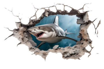 shark swimming through a hole in the wall isolated on white - transparent background PNG