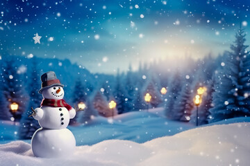 A snowman in winter. Elegant New Year's Eve celebration postcard.