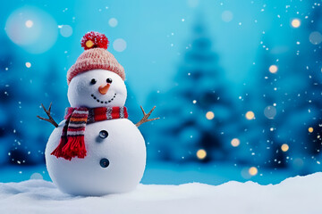 Fototapeta premium A snowman in winter. Elegant New Year's Eve celebration postcard.