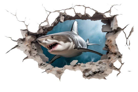 shark swimming through a hole in the wall isolated on white - transparent background PNG