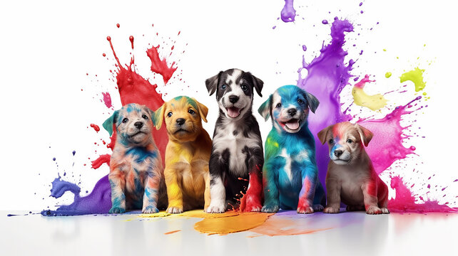 Multicolored Paint Dogs. . Spectrum, Symbol Of Creativity, Fantasy, Isolated On A White Background