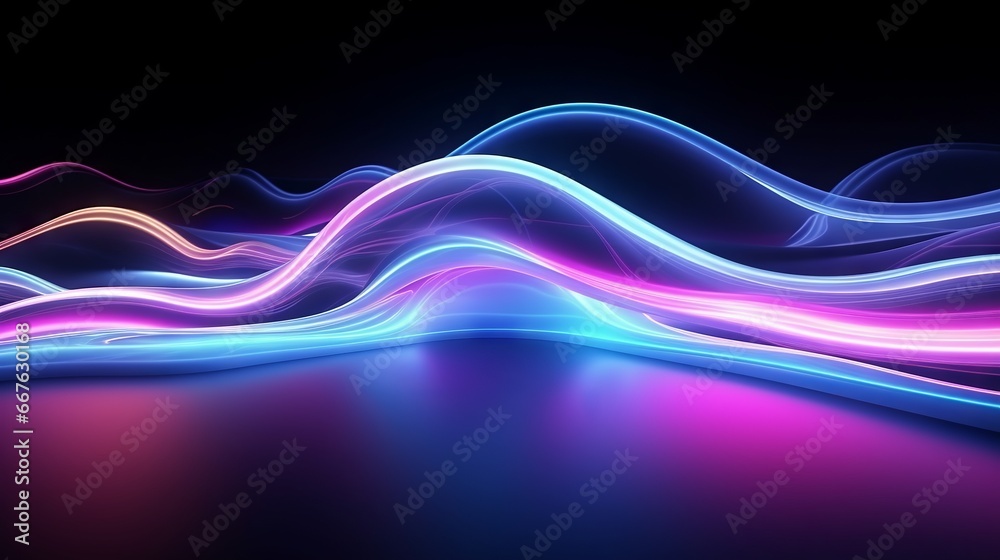 Wall mural 3d render of abstract neon background with glowing lines and floor reflection in dark room