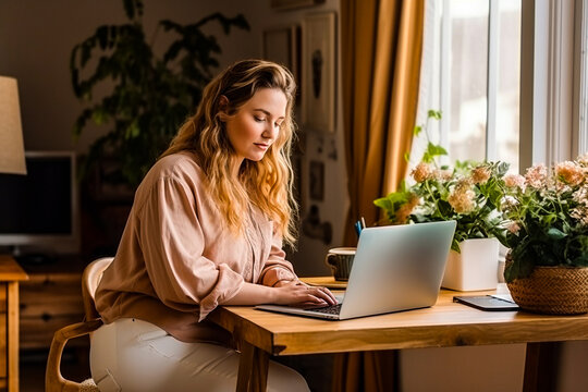 Femme en surpoids travaillant &agrave; son domicile, t&eacute;l&eacute;travail, freelance