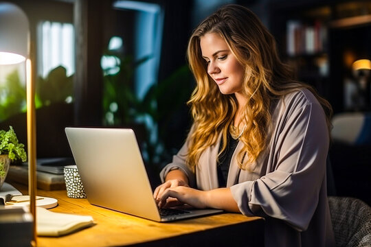 Femme en surpoids travaillant &agrave; son domicile, t&eacute;l&eacute;travail, freelance