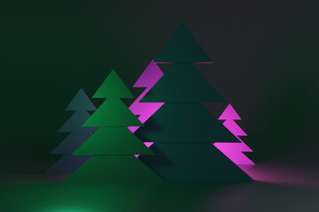 Fototapeta premium Abstract paper Christmas forest of fir trees in neon light at night. 3d render illustration