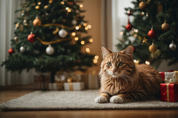 Obraz premium A CATS , FACE THE CHRISTMAS TREE IN A MODEDERNA AND MINIMALIST ROOM , generative IA