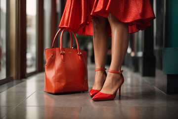 Angle of female legs with red heels and colorful bags on the floor  - obrazy, fototapety, plakaty