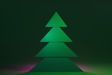 Abstract paper Christmas forest of fir trees in neon light at night. 3d render illustration