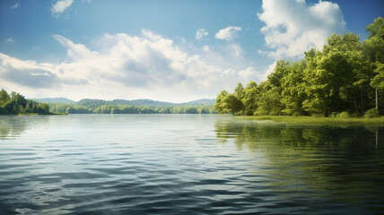 Lake with green trees in the morning
