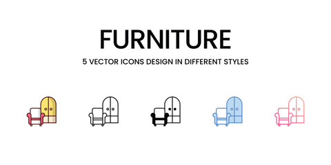 Furniture icons set, color line, outline, glyph, gradient line, duo tone, icon isolate white background vector stock illustration