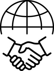 Linear icon of handshake of two hands and globe as general agreement or international partnership - obrazy, fototapety, plakaty