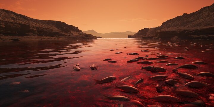 The majestic Nile River turning unsettlingly deep red, lifeless fish floating on its surface