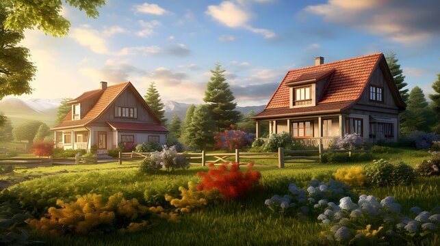 Panoramic view of a beautiful cottage in the countryside with flowers