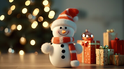 Cute Snowman in His Red Outfit For Merry Christmas Greeting Background Focus on Foreground
