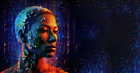 Futuristic portrait of an African American woman. Digital Aboriginal concept