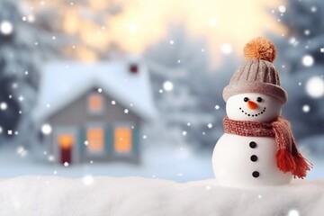 A snowman on a blurred background, a house with light windows