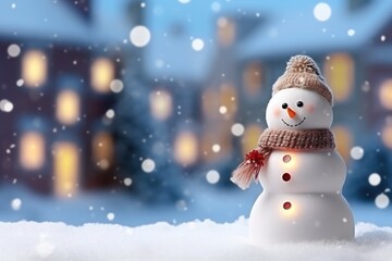 Fototapeta premium A snowman on a blurred background, a house with light windows